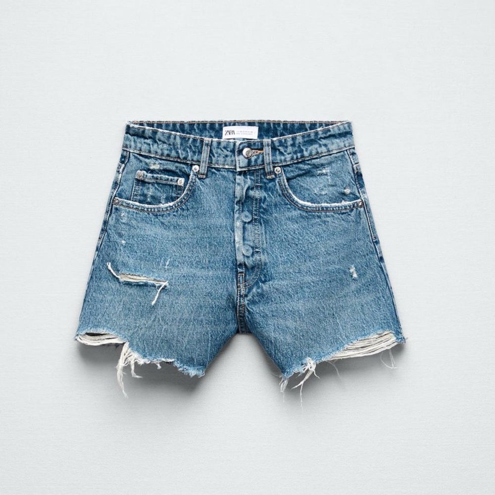 Zara High Rise Denim Distressed Shorts